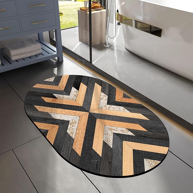 Bathroom Rug Mat Black and Yellow Old Wooden Planks Oval Bath Mat Doormat Absorbent Quick Dry Non Slip Diatom Mud Mat for Shower Tub Sink Laundry Kitchen Doorway 23.6x15.7 Inches