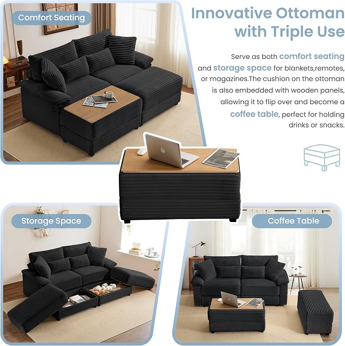 74" Double Chaise Lounge Chair Indoor, Oversized Loveseat with Removeable Ottoman, Corduroy Couch with USB Charging, Storage Ottoman, and Coffee Table Cushions for Living Room (2 Chaise Black)