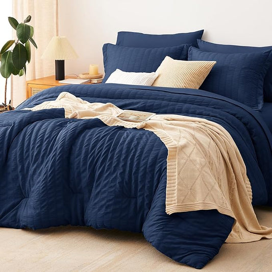 CozyLux Full Size Comforter Sets Navy Blue, 7 Pieces Seersucker Textured Luxury Bed in a Bag, All Seasons Soft Bedding Sets with Down Alternative Comforter, Sheets, Pillowcases & Shams, Home Gift
