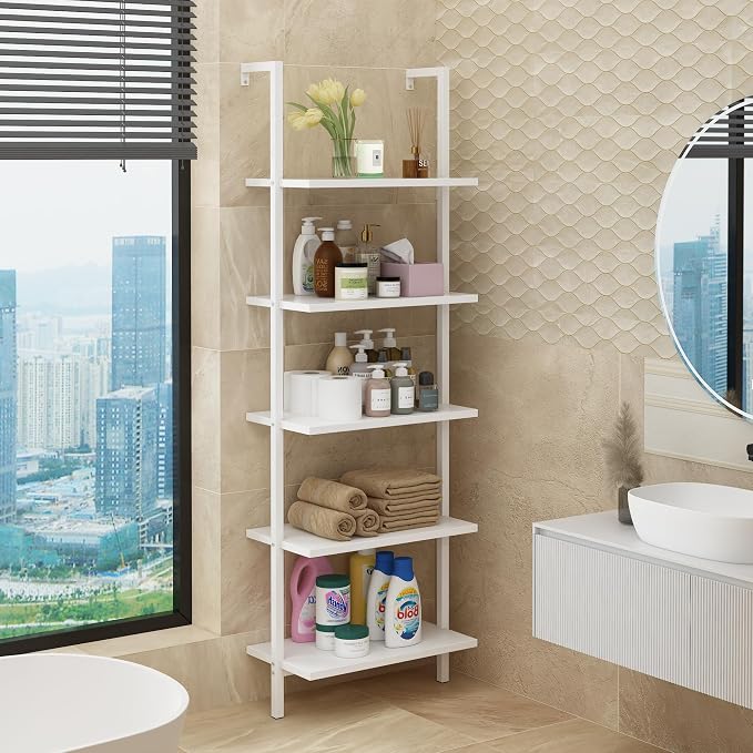 Karl home Ladder Shelf 5 Tier Wall Mounted Bookcase with Metal Frame, Open Design Shelves for Living Room, Bedroom, Home, Office, White (23.62" L x 11.81" W x 70.87" H)