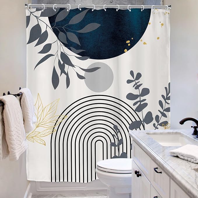 Riyidecor Navy Blue Modern Boho Shower Curtain for Bathroom Decor 60Wx72H Bohemian Abstract Arch Leaves Geometric Simple Contemporary Art Printed Fabric Polyester Waterproof 12 Pack Plastic Hooks