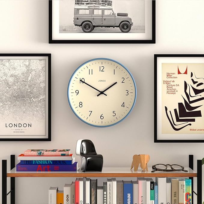 JONES CLOCKS® Studio wall Clock | Modern Round Style | 12 inch | Mid Blue | Easy to Read Numbers | Versatile Design for Kitchen, Living Room or Office