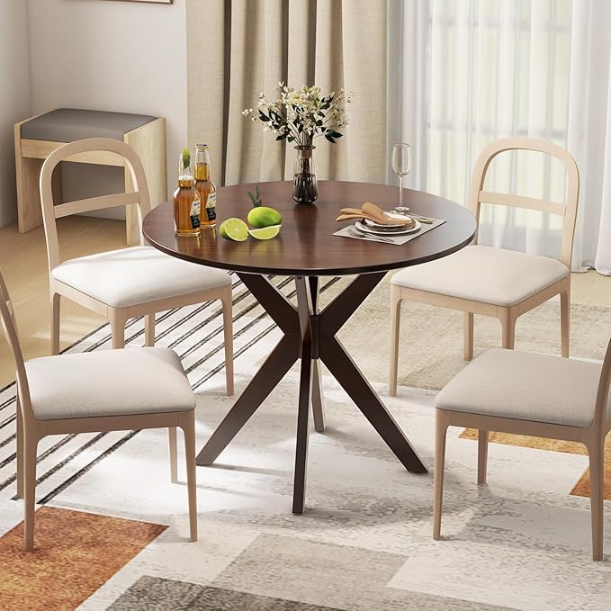 Moccha 36" Round Dining Table for 4 - Rubber Wood Kitchen Table with Intersecting Trestle Legs, Vintage Bar Table, Farmhouse Dining Room Tables for Dinette, Small Space, Restaurant, Bistro (Walnut)