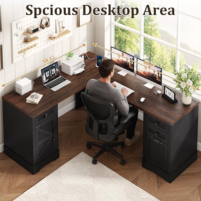 Squireewo 68.9'' Farmhouse L Shaped Desk with Drawers, Wood Executive Home Office Desk with Charging Station, File Drawers and Storage Cabinet, Computer Corner Desk for Work, Study and Writing, Black