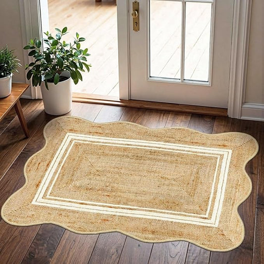 Front Door Rug - 2x3 Jute-Look Washable Doormat Indoor Outdoor Entrance Non-Slip Door Mat Farmhouse Scalloped Small Throw Rugs for Entryway Bedroom Kitchen Mat for Floor Front Porch Decor