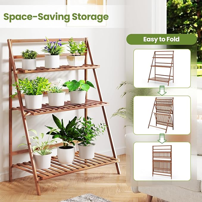 Giantex Folding Bamboo Plant Stand, 3-Tier Flower Pot Rack Display Shelf, Foldable Plants Holder Organizer Storage Shelving for Patio Garden Balcony Home Indoor Outdoor (Brown)