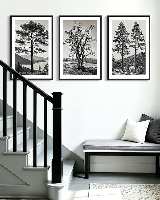 KUVIOKE Vintage Tree Framed Canvas Wall Art Black and White Retro Antique Forest Drawings Nature Wilderness Sketch Wall Painting Modern Decor 16x24in (Black Framed)