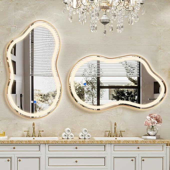 Irregular LED Bathroom Mirror with Lights, Cloud Smart Backlit Mirror, Dimmable Lighted Bathroom Gold Mirror with Anti-Fog, Asymmetrical Vanity Mirror Hangable 2 Ways (Gold, 26 x 46, 1 Pack)