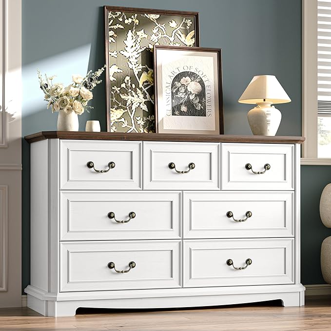 Farmhouse Dresser for Bedroom with 7 Drawer, 48" Wide Rustic Chest of Drawers with Metal Handle, Wood Vintage Dresser TV Stand, Wooden Closet Storage Dressers Organizer for Living Room, Hallway, White
