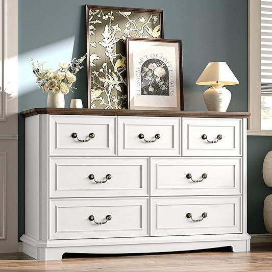 Farmhouse Dresser for Bedroom with 7 Drawer, 48" Wide Rustic Chest of Drawers with Metal Handle, Wood Vintage Dresser TV Stand, Wooden Closet Storage Dressers Organizer for Living Room, Hallway, White