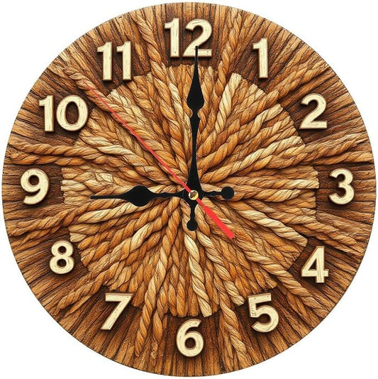 Rope Weave Sunburst Farmhouse Wooden Wall Clock 25cm*25cm