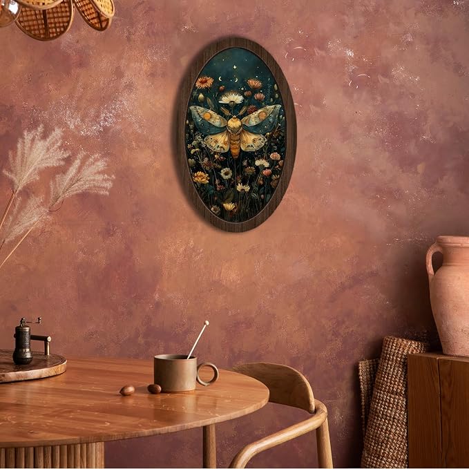 UYIKG Vintage Cottagecore Wall Art Decor,Moth Floral Oval Wall Decor,William Morris Moth Cottagecore Oval Wooden Framed Decorations for Theme Room Home Bedroom Living Room 9x14.6 in