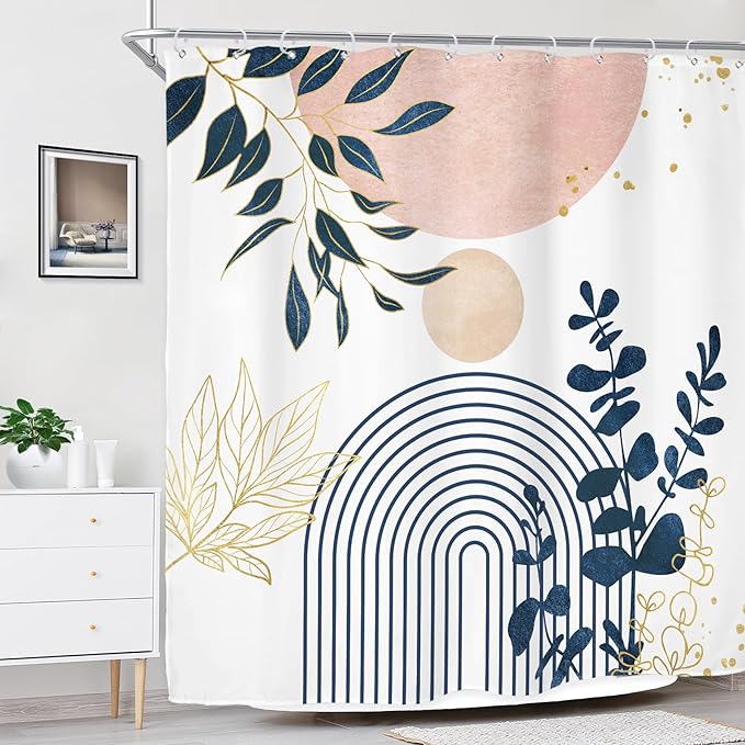 Riyidecor Pink Grey Abstract Boho Modern Mid Century Shower Curtain for Bathroom Decor 72Wx72H Leaves Blue Gold Eucalyptus Plants Blush Art Printed Fabric Polyester Waterproof 12 Pack Plastic Hooks