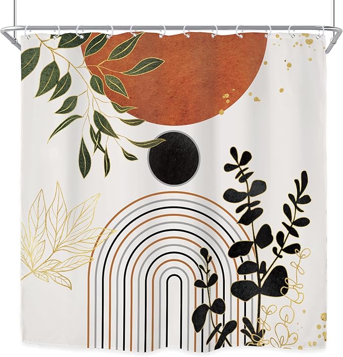 Riyidecor Burnt Orange Boho Modern Shower Curtain for Bathroom Decor 72Wx72H Mid Century Bohemian Neutral Unisex Palm Leaves Minimalist Art Printed Fabric Polyester Waterproof 12 Pack Plastic Hooks