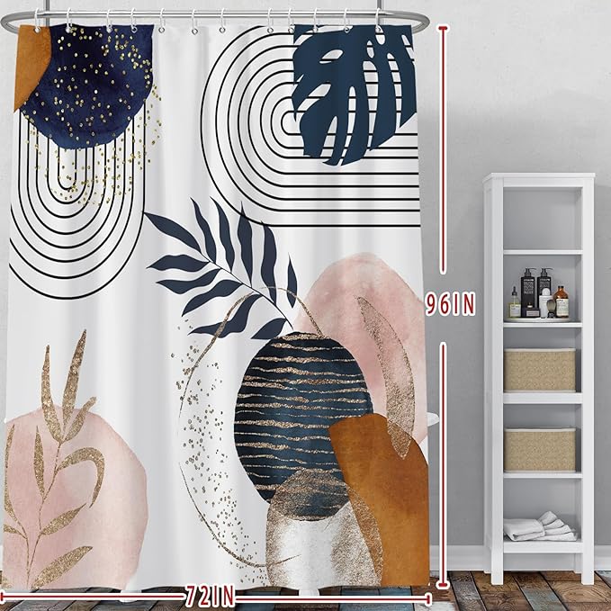 Baocicco Boho Shower Curtain Mid Century Navy Blue Gold Plant Leaves Modern Abstract Minimalist Shower Curtains Decorative for Bathroom Waterproof Fabric Shower Curtain with Hooks 72x96 Inches
