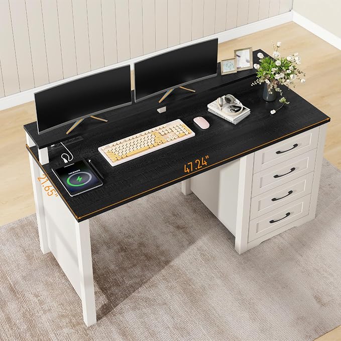 Vabches 47" Farmhouse Executive Desk with Monitor Stand and LED Lights,4 Drawers Computer Desk with Power Outlets,Large Workspace for Work Study Writing, (Black)