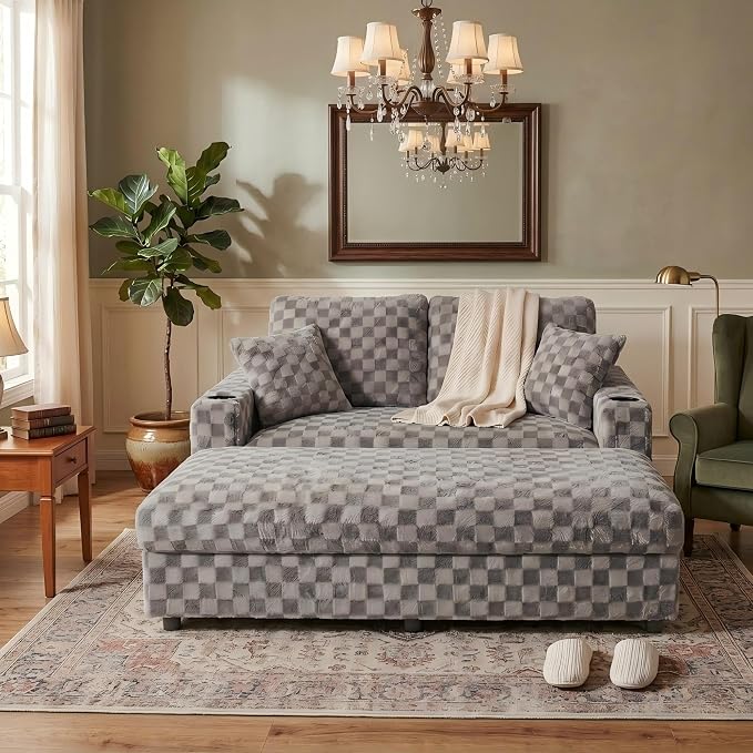 Eafurn Modern Oversized Chaise Lounge Chair with Integrated Ottoman, Corduroy Upholstered Deep Seat Sleeper Armchair with Power Charging Ports and Cup Holders, Cozy Accent Furniture for Living Room