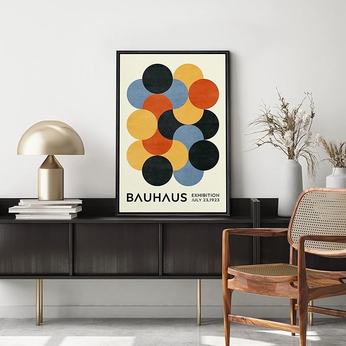 MUDECOR Framed Canvas Print Wall Art Geometric Colorful Circle Bauhaus Polygon Abstract Shapes Illustrations Fine Art Mid-Century Modern Multicolor for Living Room, Bedroom, Office - 24"x36" Black