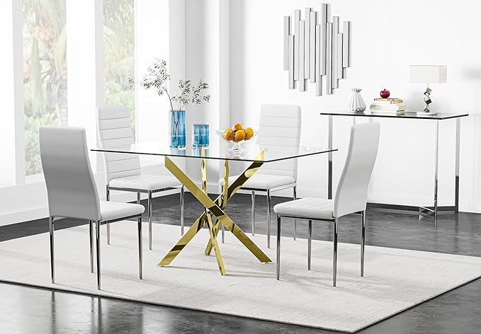 Tempered Glass Dining Table with Chromed Legs, 47" Modern Rectangular Kitchen Table for Dining Room Kitchen,Gold