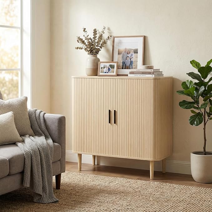 35" Fluted Accent Buffet Cabinet, Oak Small Storage Sideboard with Sliding Door, Mid Century Natural Credenza with Solid Wood Leg, Wine Coffee Bar Console Table for Kitchen, Entryway, Diningroom