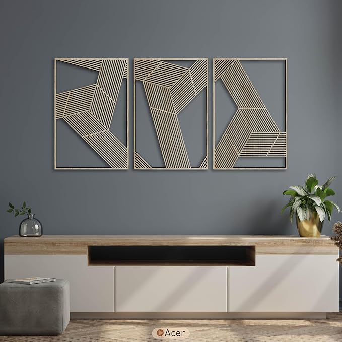 Line Art Wood Wall Decor, Large Geometric Wooden Wall Art, Mid Century Modern Minimalist Triptych, Abstract Architectural Wall Panels for Living Room and Bedroom