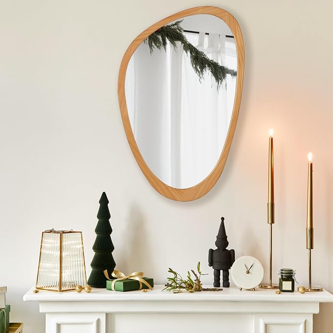 PERFNIQUE Irregular Wall Mirror, 30"x19" Solid Wood Frame Asymmetrical Mirrors for Mid Century Modern Decor, Tempered Glass Decorative Mirrors for Entryway, Bathroom, Bedroom, Living Room