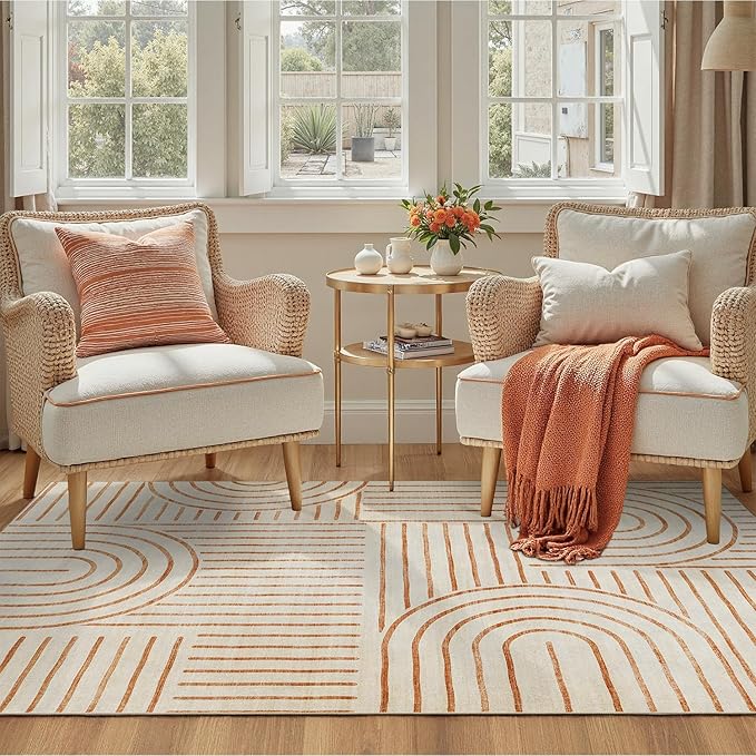 DCX Beige Machine Washable Area Rug 4x6, Midcentury Modern Non Slip Stain Resistant Rug 4x6 for Living Room, Bedroom, Dining Room, Soft Low Pile Large Carpet