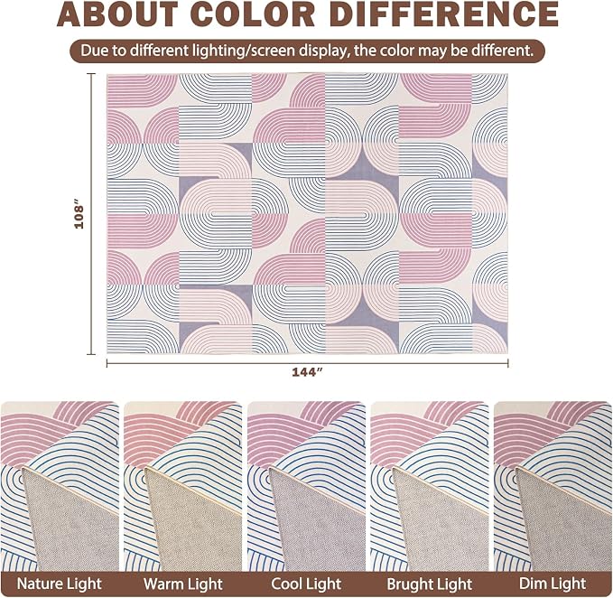 Large 9x12 Area Rugs for Living Room-Soft Modern Geometric Pink Rug for Bedroom, Washable Non-Slip Indoor Floor Boho Abstract Carpet for Dining Room Nursery, Pink/Purple