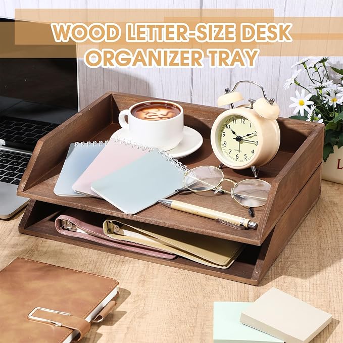 Beeveer 2 Pcs Dark Wood Letter Tray Wooden Desk Paper Organizer 2 Tier Stackable Load Documents Desktop Tray Drawer File Folder Magazine Office Accessories for Home Office Back to School