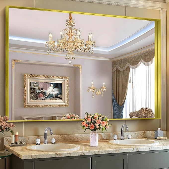 CIRCUMI Gold Bathroom Mirror, 40"x60" Rectangular Mirror with Deep Metal Frame, Brushed Finish, Tempered Glass, Large Mirror for Wall, Over 2 Sinks, Installed Vertically/Horizontally, Crystal-Clear