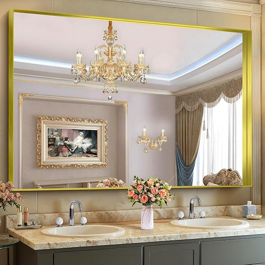 CIRCUMI Gold Bathroom Mirror, 40"x60" Rectangular Mirror with Deep Metal Frame, Brushed Finish, Tempered Glass, Large Mirror for Wall, Over 2 Sinks, Installed Vertically/Horizontally, Crystal-Clear