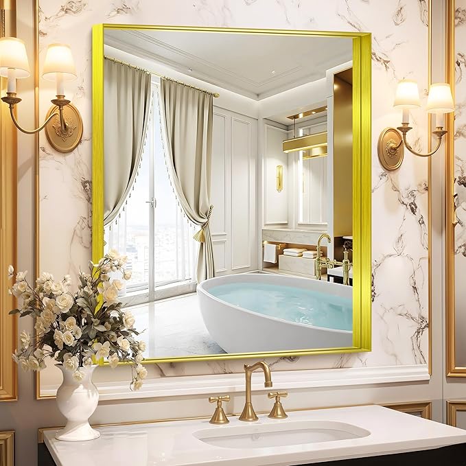 CIRCUMI Gold Bathroom Mirror, 30"x36" Rectangular Mirror with Deep Metal Frame, Brushed Finish, Tempered Glass, Mirror for Wall, Oversink, Bedroom, Installed Vertically/Horizontally, Crystal-Clear