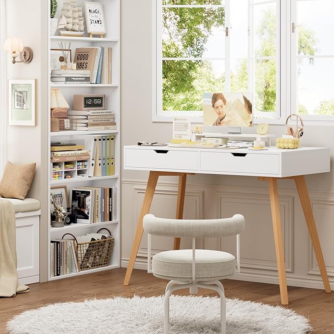 FOTOSOK White Computer Writing Desk with 2 Drawers, Small Desk Makeup Vanity Table Wood Desk with 4 Oak Legs, Modern Home Office Desk Console Study Table