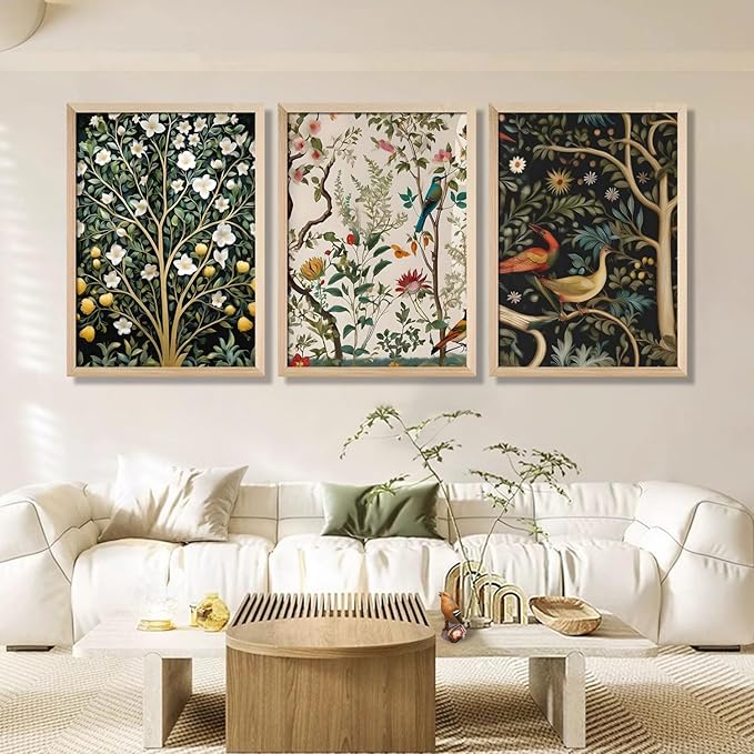 3Pcs Framed Vintage Plant And Bird Wall Art Prints Inspired By Nature Canvas Prints With Wooden Elegant Floral Posters And Wildlife Image Artwork Decor Living Rooms Bedrooms Offices 12x16 Inch