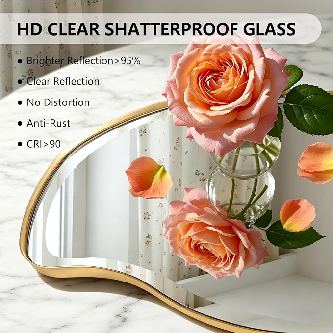 POZINO Large Irregular Beveled Mirror, 63"x28.5" Asymmetrical Full Length Mirror with Gold Metal Frame, Organic Shape Wall Mirrors for Entryway Living Room Bathroom, Horizontal/Vertical Hanging