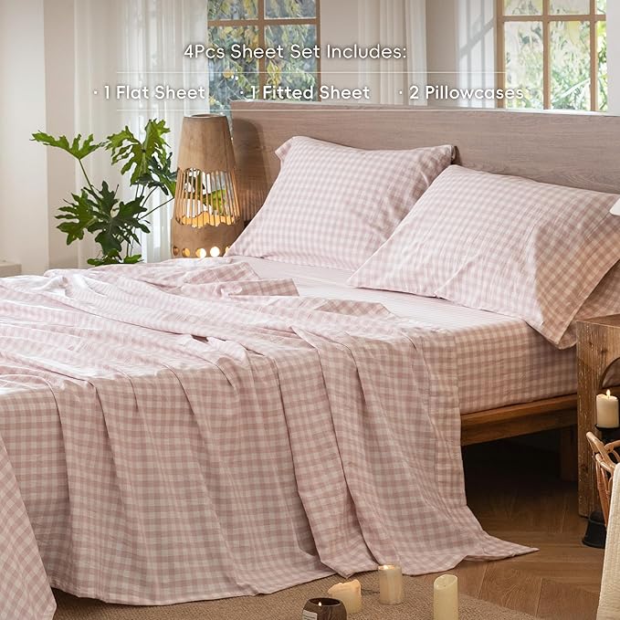 MooMee Gingham Sheet Set 100% Washed Cotton Linen Like Textured Breathable Soft w/Fully Elasticized 16-19" Deep Pocket (Classic Gingham Greyish Pink, King)