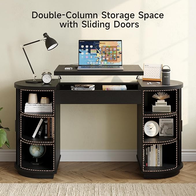 ONBRILL 59 Inches Office Desk with Lift Top, Fluted Executive Desk w/Charging Outlets, Mid-Century Modern Computer Desk with Storage, Curved Study Desk for Work/Study/Writing, Black