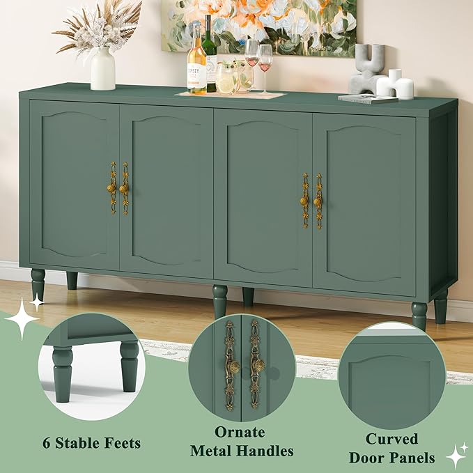 63" Sideboard Buffet Cabinet with Storage, Mid Century Modern Credenza with Adjustable Shelves & Carved Handle, Wood Kitchen Buffet Table Coffee Bar for Dining Room Living Room - Forest Green