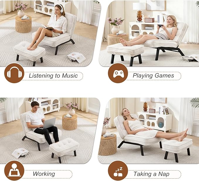 ANJ Accent Chair with Ottoman Adjustable Backrest, Beige Living Room Chair Tufted Upholstered Lounge Chair with Footrest Set, Modern Chair Cozy Reclining Chair for Reading Room Bedroom