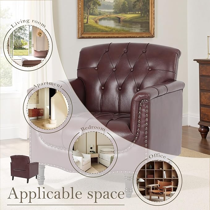 Pia Ricco Modern Tufted Accent Chair, Single Faux Leather Armchair with Nailhead Trim & Wood Legs, Comfortable Upholstered Seat for Living Room, Office - Wine Red