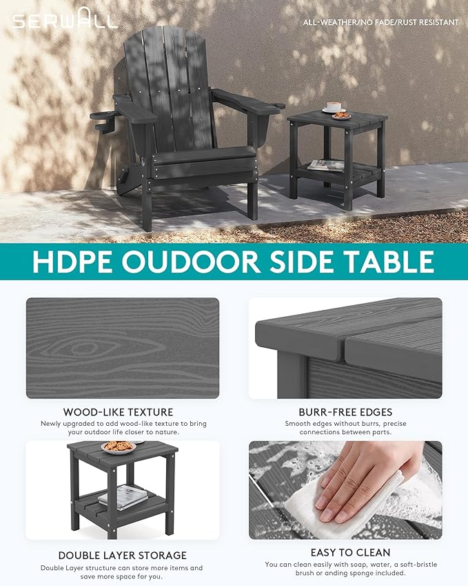 SERWALL 2-Tier HDPE Outdoor Side Tables Set of 2, Weatherproof Rectangular Adirondack Side Table, Gray