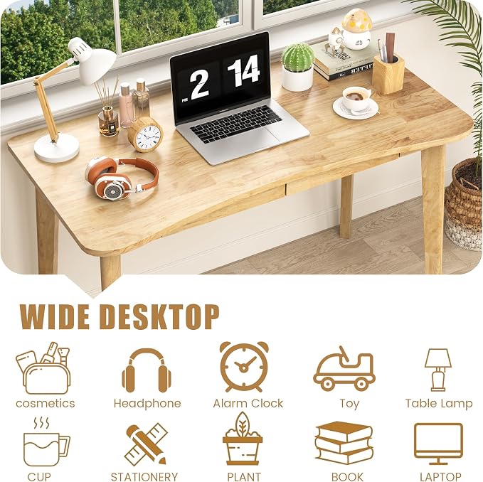 100% Solid Wood Desk with Drawers - 48 x 24 Inch Home Office Computer Desks, Modern Writing Desk with Drawers, Simple Study Table Makeup Vanity - Natural Boho Desks