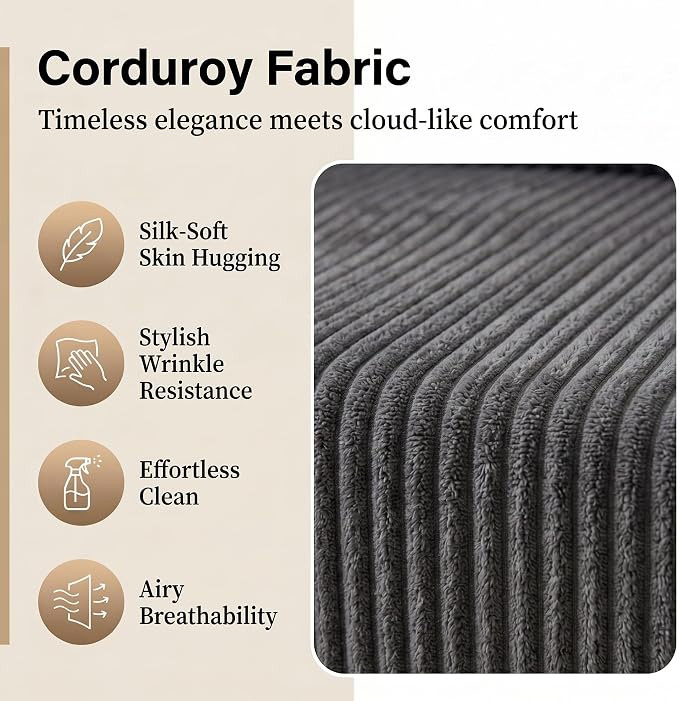 Mid Century Modern Accent Chairs Set of 2, Upholstered Corduroy Armchairs with Lumbar Pillows, Solid Rubberwood Frame for Living Room, Bedroom, Waiting Room,Dark Grey