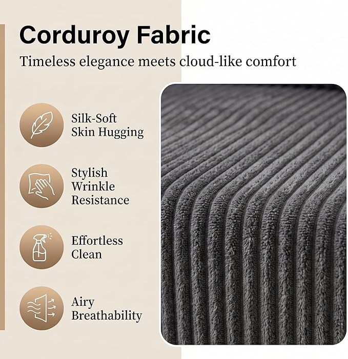 Mid Century Modern Accent Chair, Upholstered Corduroy Armchair with Lumbar Pillow, Solid Rubberwood Frame for Living Room, Bedroom, Waiting Room,Dark Grey