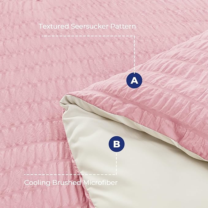HYMOKEGE Pink/Ivory Queen Comforter Set Seersucker 7 Pieces, All Season Luxury Bed in a Bag Queen for Bedroom, Bedding Set with Comforter, Sheets, Pillowcases & Shams