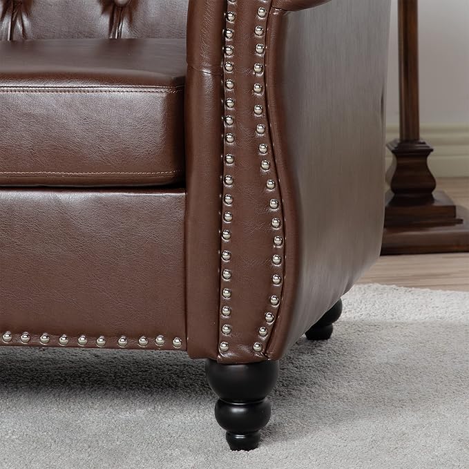 LEVNARY Leather Chesterfield Chair, Mid-Century Modern Single Sofa Chair, Tufted Upholstered Rolled Armchair for Home Bedroom Reading Room (Dark Brown)