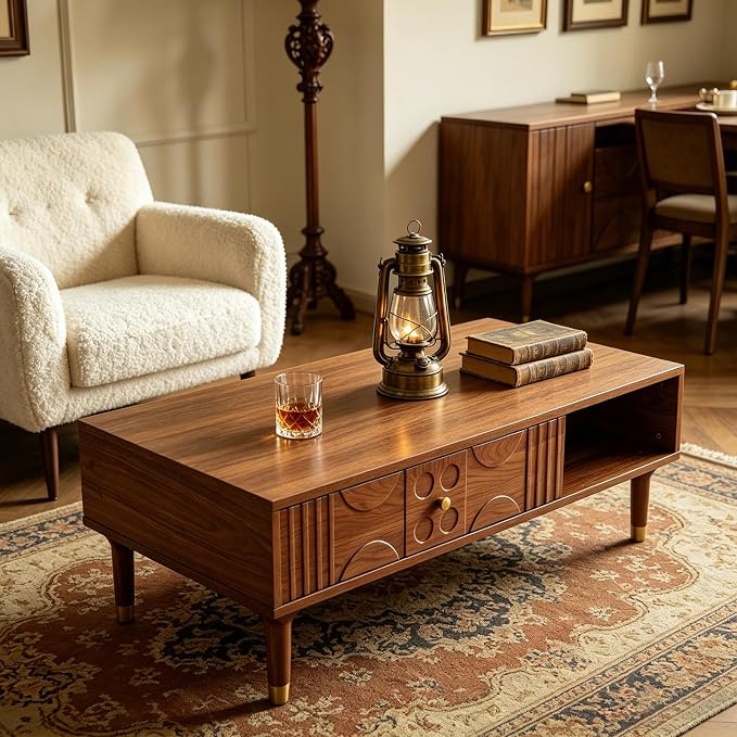 47.2" Coffee Table – Rustic Solid Wood & MDF Coffee Tables, Mid Century Modern Center Table with Tapered Legs for Living Room, Walnut