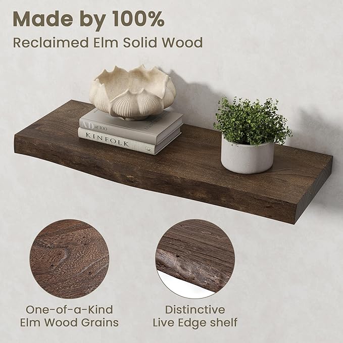 Fun Memories Floating Shelves for Wall Decor Set of 2-24 Inch Solid Elm Wood Live Edge - Rustic Walnut Wall Shelves with Invisible Brackets - for Living Room, Bedroom, Kitchen - Walnut Finish
