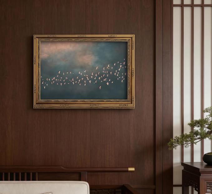 Vintage Gold Framed Flock of Birds in Flight Wall Art, Abstract Teal and Blush Sky Canvas Prints, Minimalist Nature Painting Poster Artworkfor Living Room Bedroom Office Wall Decor，16x24in