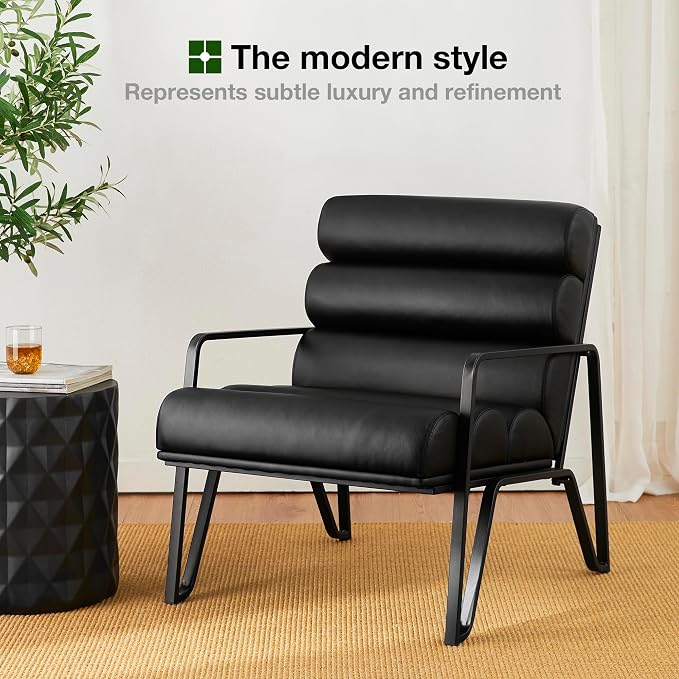 Glitzhome Accent Chairs for Living Room, Modern Armchairs with Metal V-Legs and PU Leather Cushion, Single Sofa Chairs for Living Room/Office/Study, Black